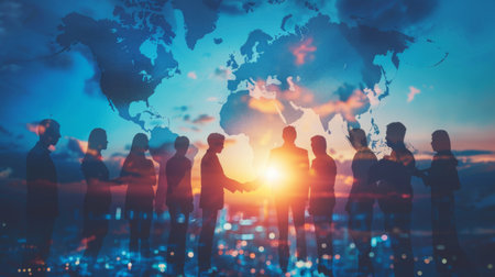 Teamwork of business people around the world through smart innovation technology networks, economic development,の素材