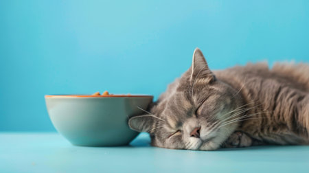 The cat dreams of a bowl of food. British cat sleeps on a blue background.の素材