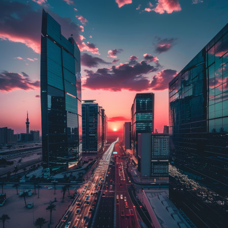 Sunset over large buildings equipped with the latest technology, King Abdullah Financialの素材