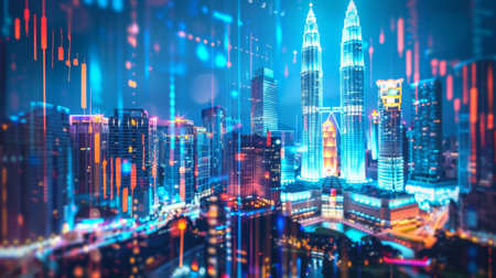 Stock market graph hologram, night panorama city view of Kuala Lumpur.の素材