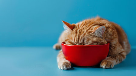 The cat dreams of a bowl of food. British cat sleeps on a blue background.の素材
