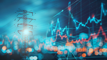stock market graph with electric pole with blue black energy businessの素材