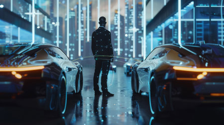 Unrecognizable male enterprise executive connecting two robotic cars via an smart network.の素材