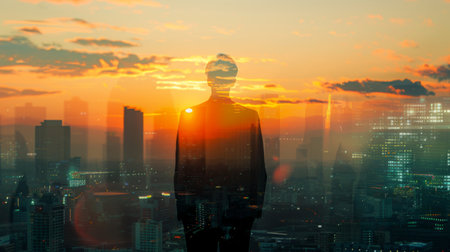 The double exposure image of the business man standing back during sunrise overlay with cityscape image.の素材