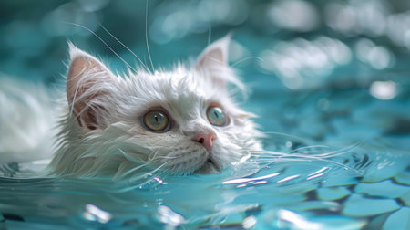 white Scottish straight-eared long-haired cat swimmingの素材