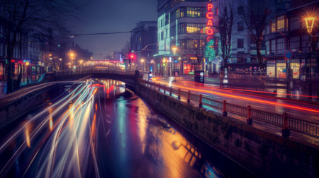 An artistic long exposure capture of light trails from passing vehicles on a bridge over a glistening river, depicting the vibrant energy of urban nightlife.の素材