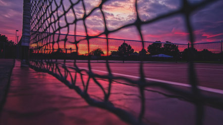 An empty tennis court at sunset, with the net in the foreground and the vibrant sky reflecting on the court's surface, creating a serene atmosphere.の素材
