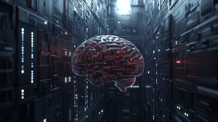 A conceptual image of a human brain surrounded by digital circuit patterns, symbolizing the connection between biology and technology, with a futuristic feel.の素材