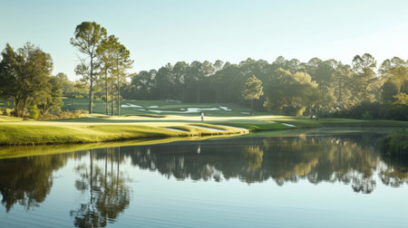 A serene lakeside golf course, the tranquil waters mirroring the golfer's graceful swing under a clear blue sky.の素材