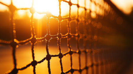 A close-up of the net on a tennis court, with the sun shining through it, creating a stunning silhouette effect that highlights the game's boundaries.の素材