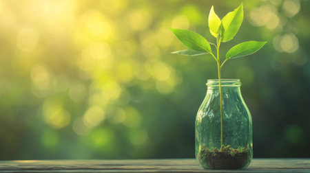 A close-up of a lush green plant growing in a recycled glass bottle, symbolizing eco-friendly practices and the importance of reducing waste for the environment.の素材