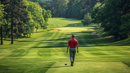 A golfer walking the fairway with confidence and purpose, each step a testament to their love for the game.の素材