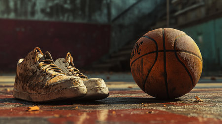 A close-up of a basketball resting on the court with a well-worn texture, next to a pair of basketball sneakers, capturing the essence of the game.の素材