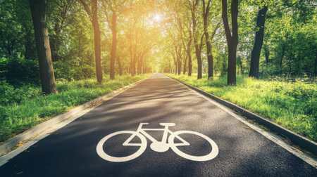 An idyllic scene of a bicycle path lined with trees, encouraging eco-friendly transportation and reducing greenhouse gas emissions in urban environments.の素材