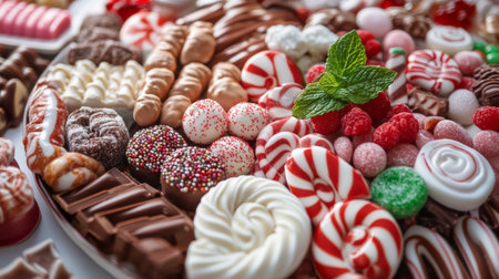 A beautiful overhead view of a candy platter filled with assorted candies and chocolates, garnished with fresh mint leaves, adding a touch of freshness to the sweets.の素材