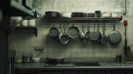 A professional kitchen scene with various pots and pans hanging from a rack, ready for use, emphasizing the organized and efficient layout of a culinary workspace.の素材