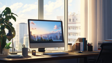 A modern office desk with a sleek computer setup, organized stationery, and a coffee mug, bathed in natural light from a nearby window, creating a productive workspace environment.の素材