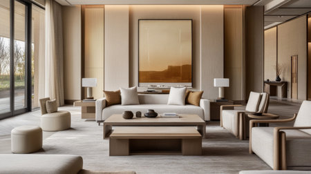 A modern living room with a sleek, minimalist sofa in neutral tones, complemented by a stylish coffee table and contemporary decor, creating a chic and inviting space.の素材