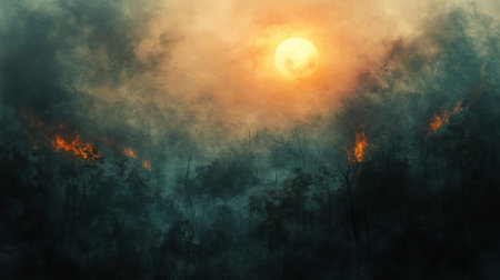 Smoky haze covering a forested landscape after a wildfire, with the sun struggling to break through, symbolizing environmental damage and natural disaster recovery.の素材