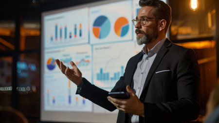 Conference Business Meeting Presentation: CEO Businessman Shows Data to Group of Investors, Businessspeople.の素材