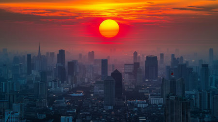 Cityscape with big sun and sunset on center between building at eveningの素材