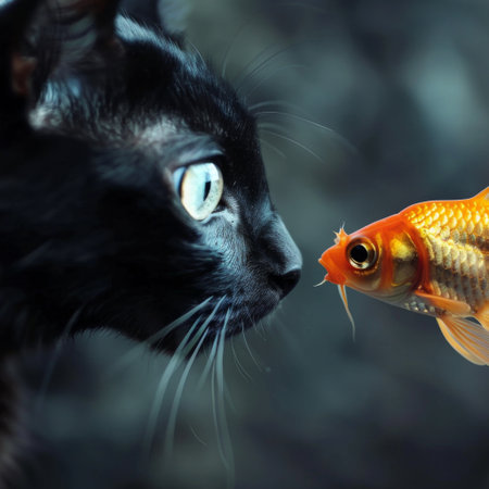 cat and gold fish - symbol of looking straight into eyes of fear, protection,の素材