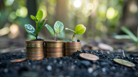 money growth concept,young plants growing up on stack of coins for saving and invesmentの素材