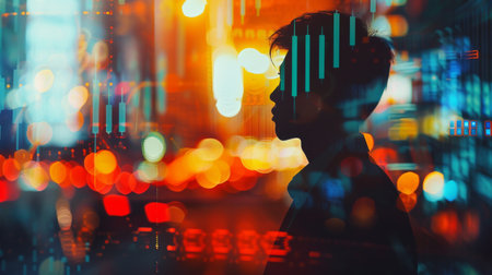 Double exposure businessman and stock market or forex graph suitable for financial investment concept. Economy trends backgroundの素材
