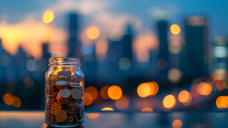 Gold coins and seed in clear bottle on cityscape photo blurred cityscapeの素材