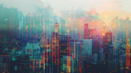 Forex chart on cityscape with tall buildings background multi exposure.の素材