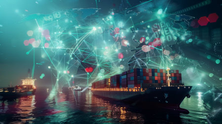 World map with logistic network distribution, Logistic and transport concept in front Industrial Container Cargo freight shipの素材