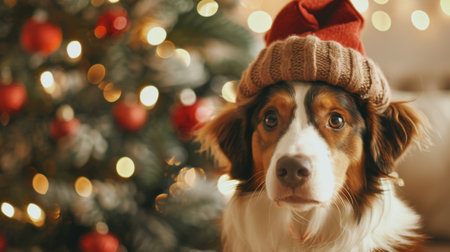 A cute dog with a festive hat, sitting in front of a Christmas tree, looking ready for the holiday festivities.の素材