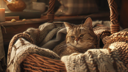 A chubby cat nestled in a wicker basket, surrounded by cozy blankets, creating a charming and homey scene.の素材