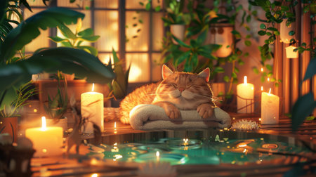 A chubby cat relaxing in a shallow pool of water in a spa-like setting, surrounded by candles and plants.の素材