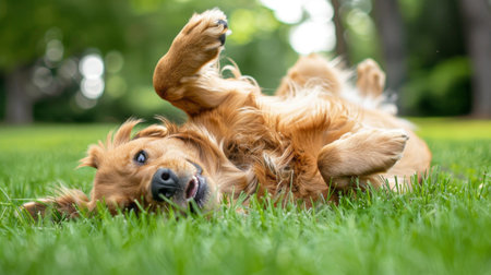 A cute dog lying on its back in the grass, playfully pawing at the air and showing off its fluffy bellyの素材
