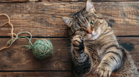 A chubby cat playing with a ball of yarn on a wooden floor, showcasing its playful side in a simple, rustic setting.の素材