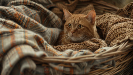 A chubby cat nestled in a wicker basket, surrounded by cozy blankets, creating a charming and homey scene.の素材