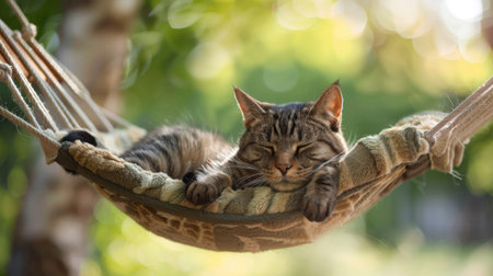 A chunky cat dozing off in a hammock, gently swaying and looking cozy and relaxed in an outdoor setting.の素材