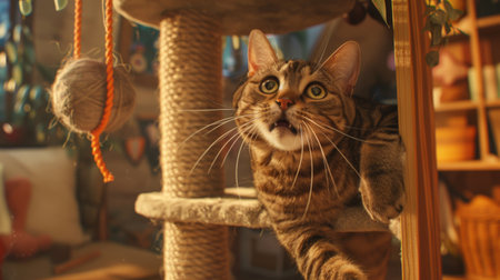 A chubby cat climbing a cat tree to reach a dangling toy, with determination in its eyes, in a cozy living space.の素材
