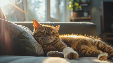 A chubby cat lounging on a cozy couch with a sunny window in the background, its fur glistening in the sunlight, creating a serene and warm atmosphere.の素材