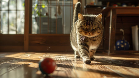 A chunky cat chasing a remote-controlled toy, its eyes fixed on the moving target, in a spacious play area.の素材