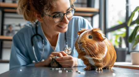 A friendly vet examining a guinea pig, with the guinea pig sitting calmly on the table and the vet smiling warmly.の素材