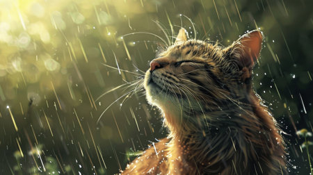 A large cat enjoying a gentle rain shower, its fur glistening with water droplets, creating a peaceful scene.の素材