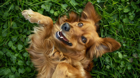 A cute dog lying on its back in the grass, playfully pawing at the air and showing off its fluffy bellyの素材