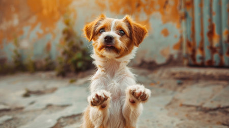 A cute puppy with a playful expression, standing on its hind legs and begging for a treat, looking absolutely charming.の素材