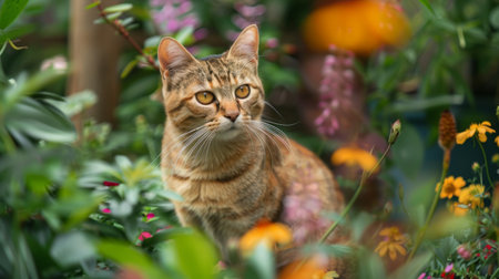 A cute cat sitting calmly in a garden, surrounded by colorful flowers and greenery, with a peaceful expression.の素材