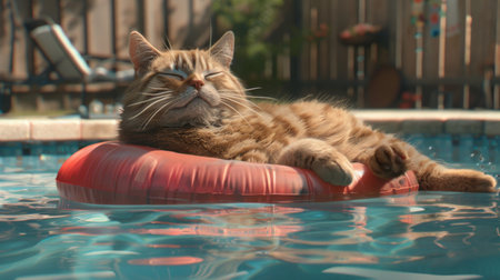 A chunky cat lounging on a pool float in a backyard swimming pool, looking relaxed and enjoying the cool water.の素材