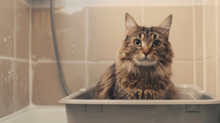 A fat cat sitting in a spacious litter box, with its head turned to look at the camera, capturing a candid bathroom moment.の素材
