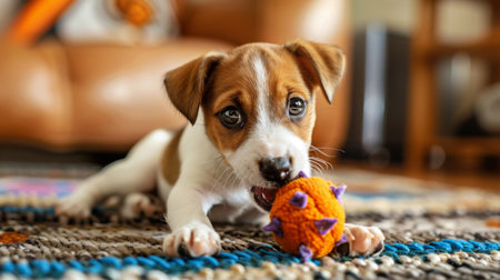 A cute puppy playing with a squeaky toy on a living room rug, its eyes full of excitement and its tail wagging furiously.の素材