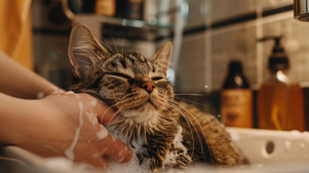 A plump cat being gently washed by its owner in a sink, surrounded by bottles of pet shampoo and towels, capturing a tender moment.の素材